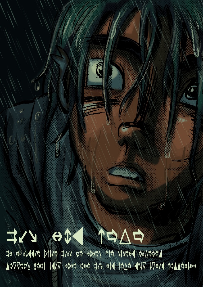close-up of tals face being rained on